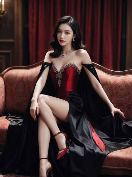 42928-2494903288-dracula costume,black cape,fangs,vampire-themed event,1girl,red dress,sitting,looking at viewer,sofa,ultra detailed,aesthetic,ma.png